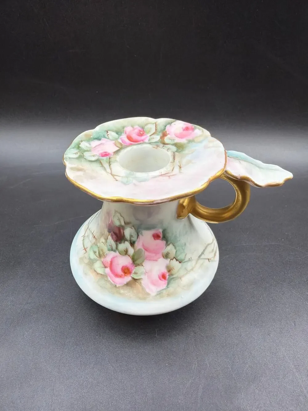Antique PH Leonard Vienna Austria Porcelain Chamberstick Pink Roses Gold Gilt